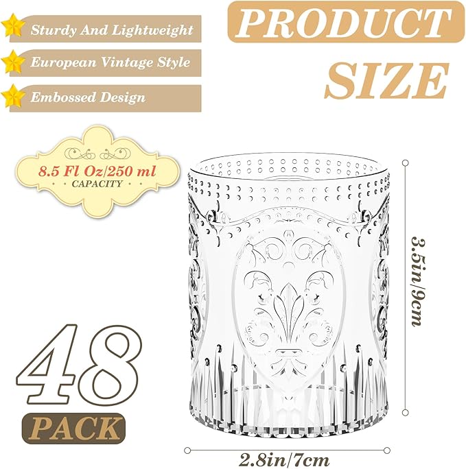 Qinyoung 48 Plastic Vintage Drinking Glasses 8.5oz Stemless Retro Embossed Wine Glasses Shatterproof Reusable Cups for Baby Shower Wedding Reception Grand Event Party (Clear)