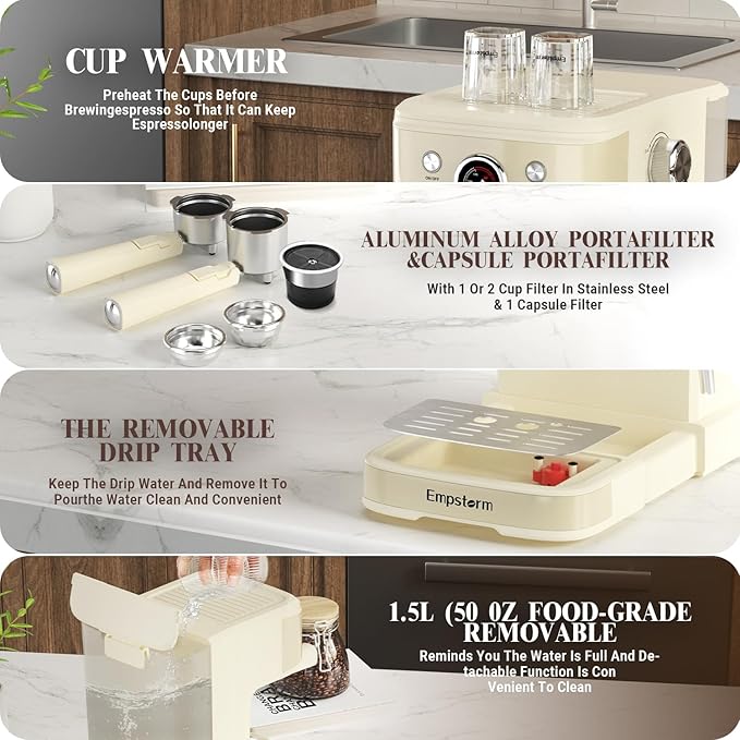 Empstorm Espresso Machine 20 Bar, 2 in 1 Espresso Maker with Milk Frother Steam Wand for Latte and Cappuccino, Powder and Capsule Portafilter, 50oz Removable Water Tank Coffee Machine for Home-White