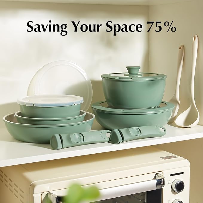 Redchef Ceramic Nonstick Pans and Pots Set, Ceramic Cookware Set with Detachable Handles16Pcs, Induction Dishwasher Oven Safe Kitchen Cooking Set, PFAS PFOA & PTFE Free, Green