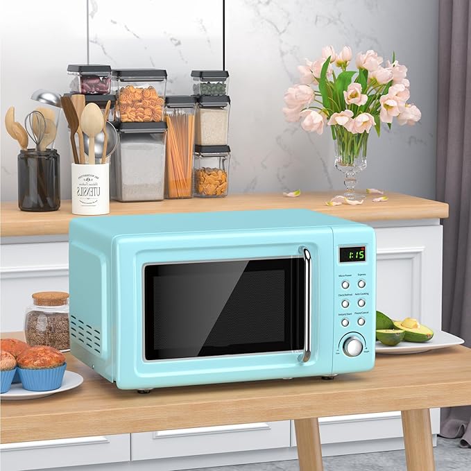 LDAILY 0.7Cu.ft Retro Small Microwave Oven, 700W Compact Countertop Microwave with 5 Power Levels, Auto Cooking Menus, Glass Turntable, Child Lock & Glass Turntable for Apartment, Dorm (Green)