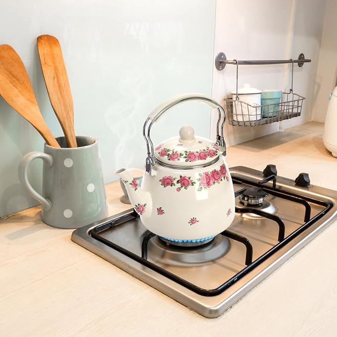 SOUJOY 3.5 Quart Enamel Tea Kettle for Stovetop, Vintage Floral Teapot with Stainlees Steel Infuser and Heat-Resistant Handle for Home Kitchen Camping, Perfect Housewarming Wedding Gift