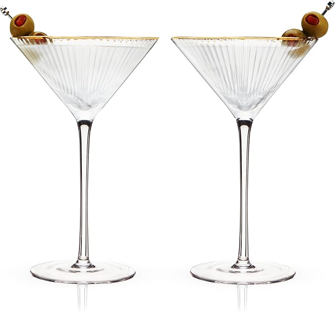 Viski Meridian Martini Glasses - Stemmed Fun Cocktail Glasses - Art Deco Ripple Gold Rimmed Crystal Glassware - 7.8oz Set of 2