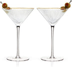Viski Meridian Martini Glasses - Stemmed Fun Cocktail Glasses - Art Deco Ripple Gold Rimmed Crystal Glassware - 7.8oz Set of 2