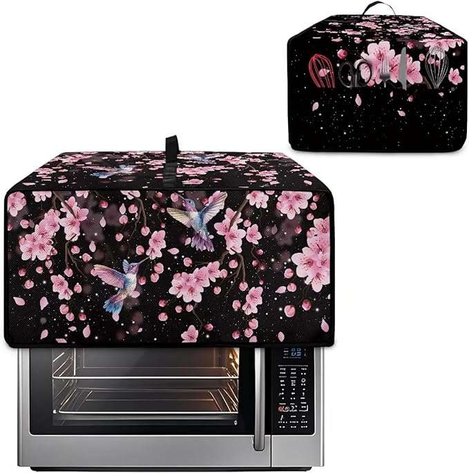 Hummingbird Cherry Blossom Print Toaster Oven Cover, Heat-Resistant Toaster Cover Dust-Proof Microwave Oven Protector, Protections for Kitchen, Black, (Medium-16.1*19.71*10 inches)