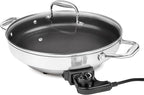Electric Skillet By CucinaPro- 18/10 Stainless Steel, Frying Pan w Non Stick Interior, Tempered Glass Lid w Handles, 12" Round, Temperature Control Probe for Adjustable Heat Settings, Portable, Gift