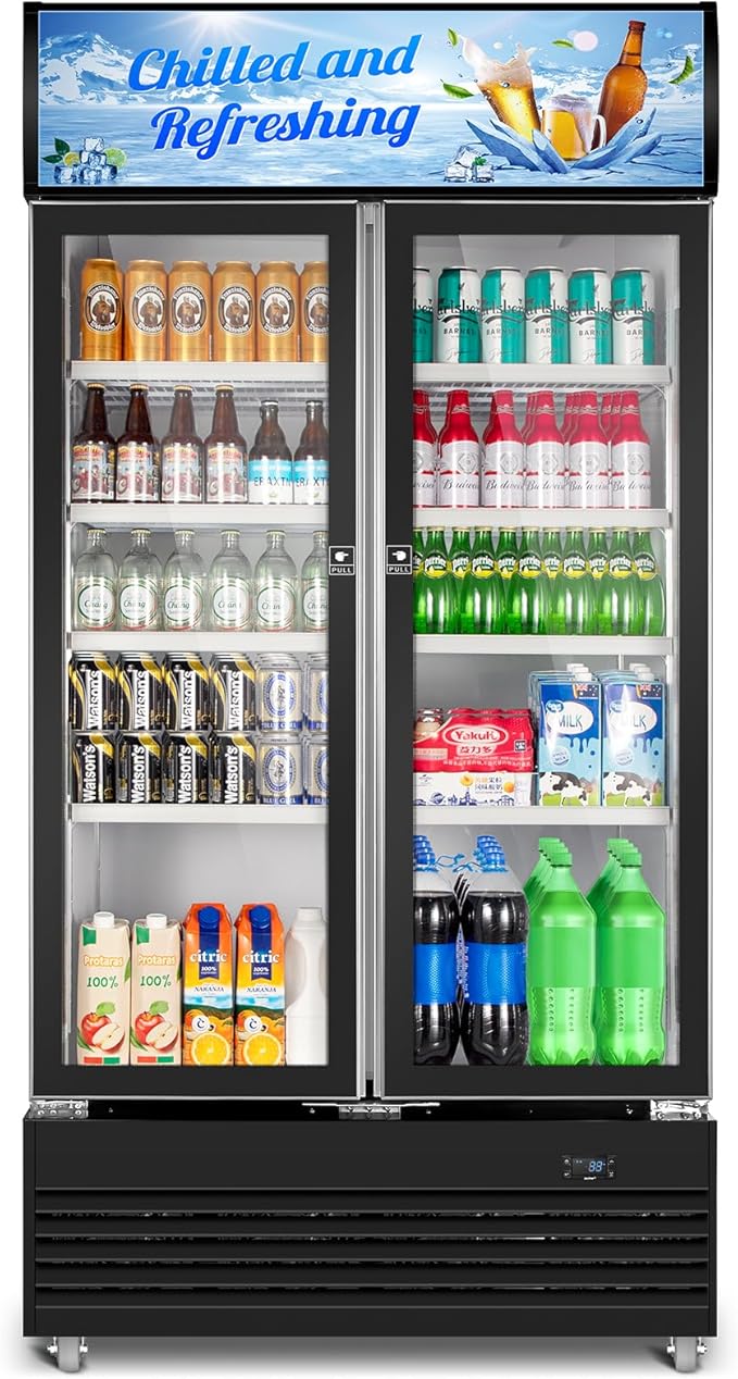 Tylza Commercial Refrigerator, Double Glass Door Display Beverage Fridge, 28.1 Cu Ft Upright Beverage Cooler Merchandiser with Replaceable Advertising Light Board, Rebound Door, Fast Cooling, Black