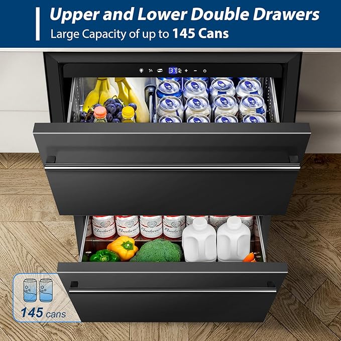 Tylza Under Counter Drawer Fridge 24 Inch, Built-in/Freestanding Beverage Refrigerator for Home and Commercial Use, Stainless Steel Material, Fast Cooling, Low Noise, Black