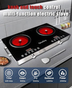 23" Portable Infrared 2 Burner 3500 Electri Burner with 2 Hours Timer-Electric Hot Plate Touch Control Panel Adjustable Heating Power Glass Plate Electric Cooktop for Cooking