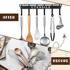 Kitchen Utensil Hanger Wall Mount Kitchen Utensil Holder Organizer Rack Rail with 6 Hooks Space Saving No Drilling Black Adhesive Wall Hooks for Hanging Cooking Utensils Set