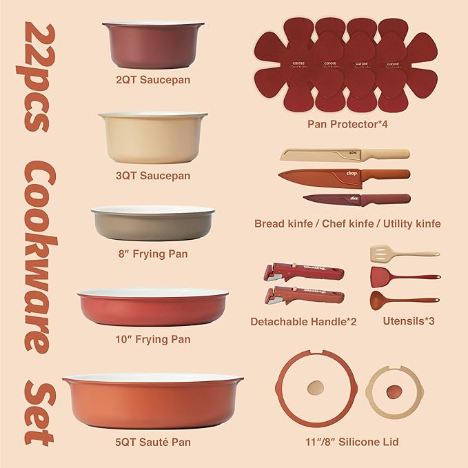 CAROTE 22 Pcs Ceramic Cookware Set Detachable Handle, Pots and Pans Set Non Stick, Non Toxic Induction Kitchen Cookware Removable Handles, Oven Safe, Stackable RV/Camping Cooking Set, Multi-Color