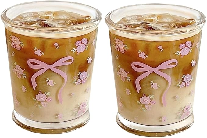 Set of 2 12 OZ Floral Drinking Glasses French Glass Coffee Cup Cute Bow Flower Glass Cups for Iced Coffee,Tea,Juice,Milk,Latte,Dessert,Stackable Glassware Drinkware Set(pink floral)