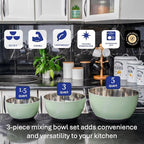 WHYSKO Stainless Steel Mixing Bowls Set of 3 with Non-Slip Silicone Base, Nesting Metal Bowls for Meal Prep, Baking, Cooking & Food Storage, Dishwasher Safe Kitchen Mixing Bowls, Green