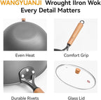 WANGYUANJI 12.6 Inch Iron Wok with Glass Lid, Flat Bottom Stir Fry Pan with Wooden Handle, Non-Coated Naturally Nonstick Skillet, Traditional Chinese Wok for Gas, Electric & Induction Cooking