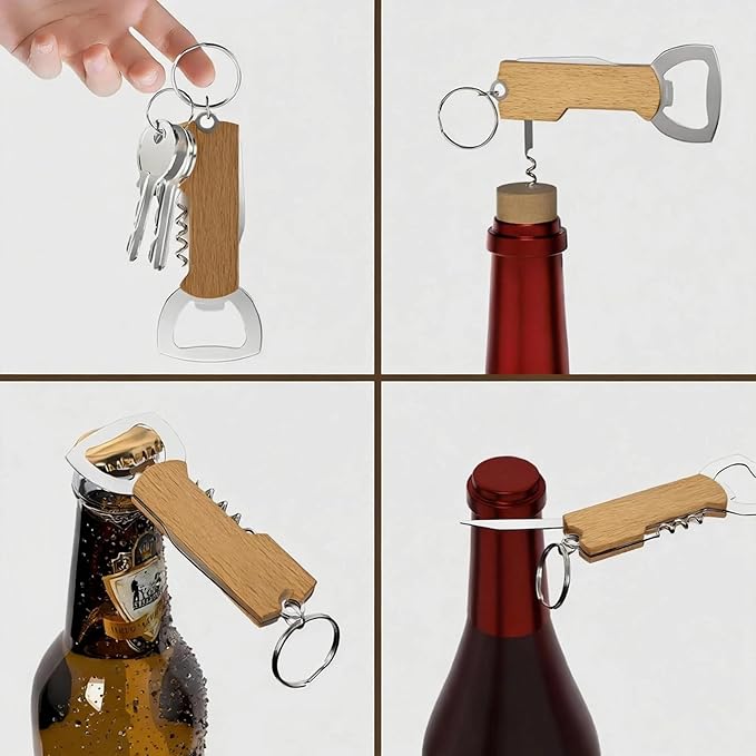 3-in-1 Bottle Opener Keychain (3 Pack), Wooden Handle Corkscrew, Foil Cutter & Beer Opener, Portable Key Ring Bar Tool for Home, Camping, Travel & Outdoor Use