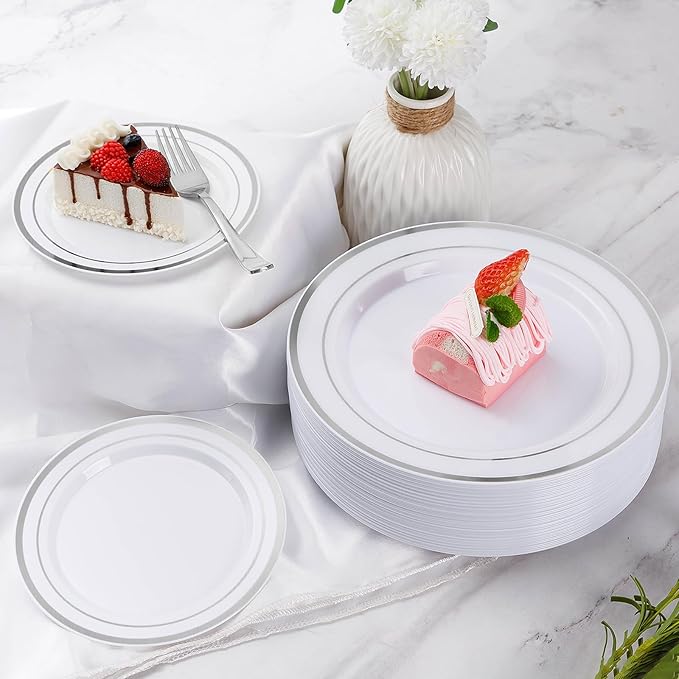 Goodluck 300-Piece Disposable Dinnerware Set for 50 Guests - Silver Plastic Plates, Salad Plates, Cutlery & Cups for Parties & Weddings