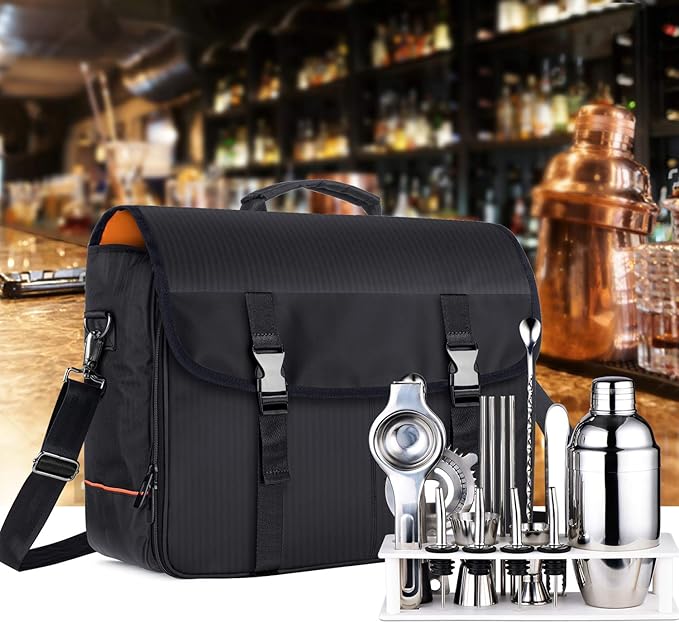 CURMIO Bartender Bag, Travel Bag for Bar Tools Set, Bartender Kits Storage with Padded Compartments for Wine Bottles, for Home Indoor Outdoor Patio Party, Black (Bag ONLY)