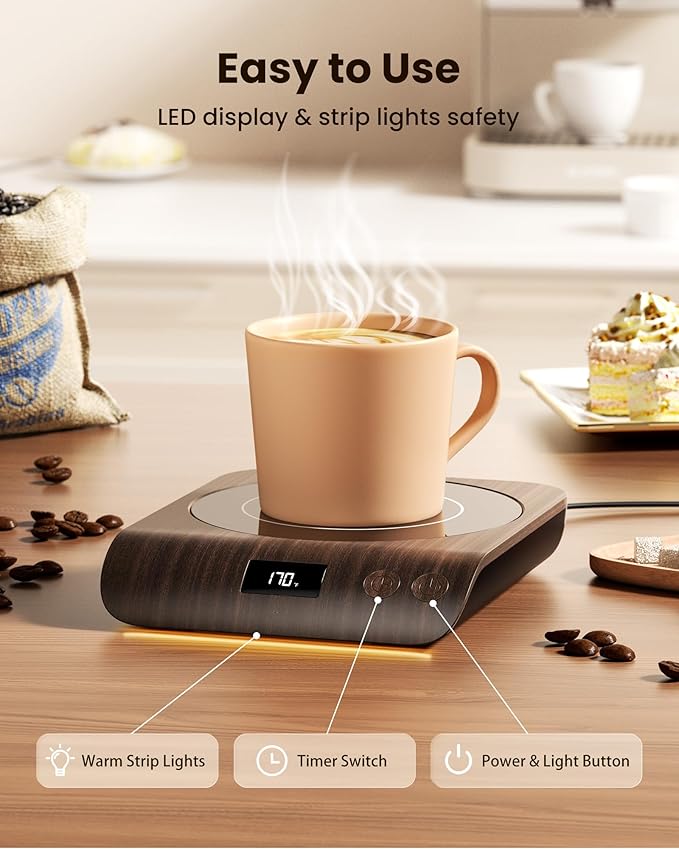 Gaiatop Coffee Mug Warmer, 3 Temperature Settings, 2-10H Auto Shut Off and Warm Strip Indicator Lights, 50W Smart Cup Warmers Fast Heating Plate for Tea Milk Cocoa Candle, Stocking Stuffers, Wood