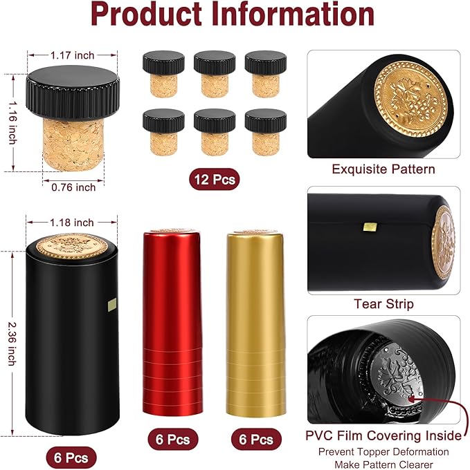 30 Pcs Wine Sealer for Wine Bottles - Bottle Sealer for Cruise, Plastic Heat Shrink Cap & Wood Cork Stopper with Plastic Top