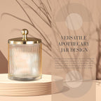 Tan Colored Tranlucent Apothecary Ribbed Geometric Etched Glass Jar W/Gold Metal Lid Cover for Bathroom Organization, Cotton Balls, Q Tips, and Small Accessories, Bathroom Storage