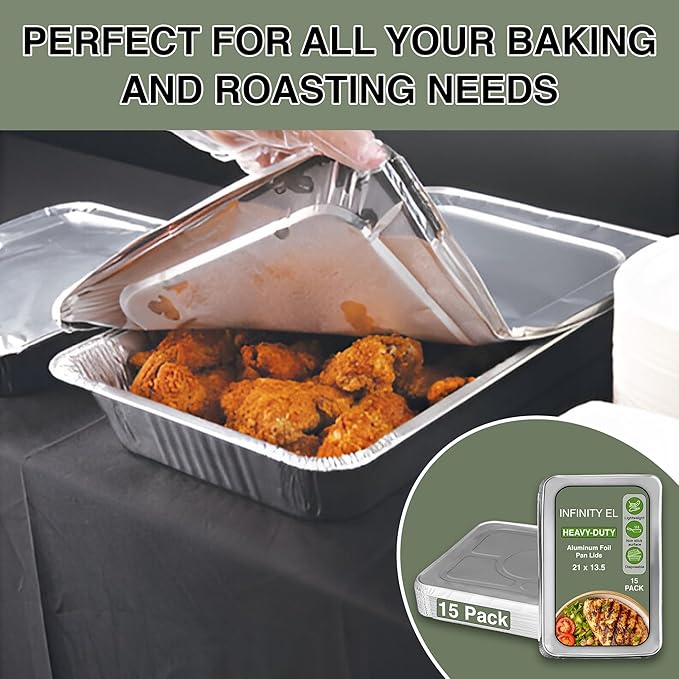 INFINITY EL Disposable Aluminum Foil Pan Lids 15 Pack | Full Size 21" x 13.5" Insulated Foil Pan Lids | Heavy Duty Aluminum Foil Lids for Catering, Food Storage, Turkey, Lasagna, Parties & Meal Prep