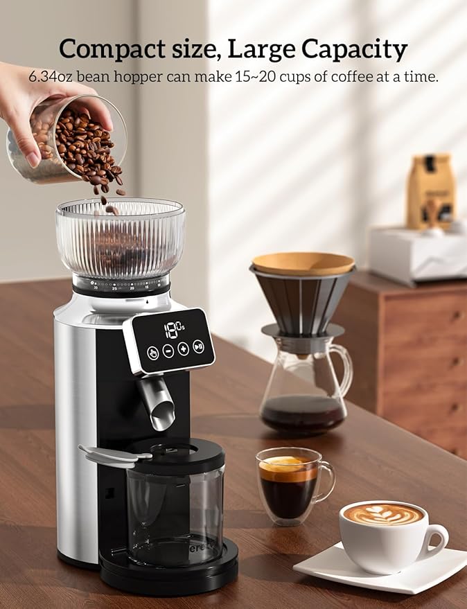 Neretva Espresso Grinder, 2 in 1 Professional Coffee Bean Grinder Stainless Steel Suit 51~58mm Portafilter Burr Coffee Grinder 30 Precise Setting&Anti-Static for Espresso/French Press/Drip/Moka-Silver