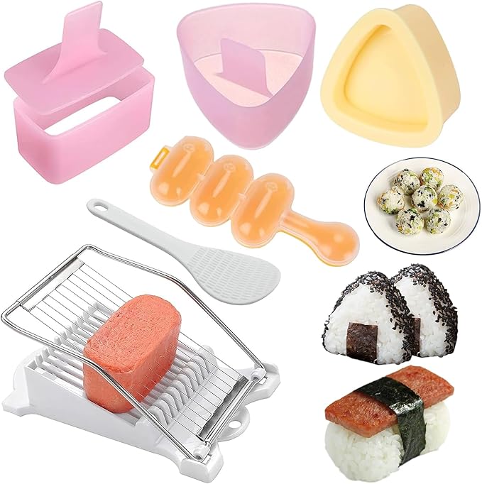 6 Pcs/Set Musubi Maker Kit with Luncheon Meat Slicer - Non-Stick Rice Ball Onigiri Press Mold, BPA-Free Sushi Mold for Hawaiian Musubi