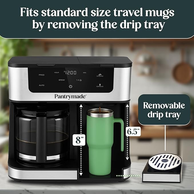 Pantrymade Dual Brew Coffee Maker | 12 Cup Glass Carafe & Single Serve K-Cup Combo | Programmable Touchscreen Coffee Machine for Ground Coffee or Pods | Auto Shut-Off, Black
