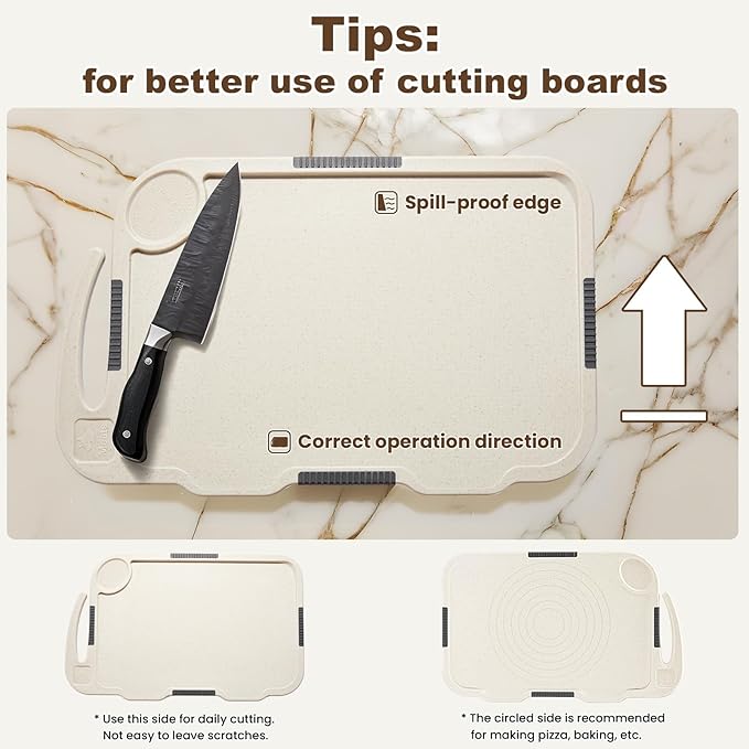 Glotoch Cutting Boards for Kitchen Set of 4, Wheat Straw Chopping Board Dishwasher Safe, BPA Free, Non Slip, 16"X10" Colored Reversible Cutting Board with Stand, Food Icons, Grinder Plate