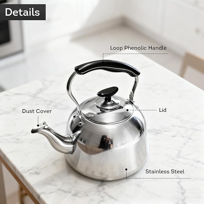 Lily's Home Whistling Tea Kettle for Stovetop, 2 Quart Stainless Steel Water Kettle with Loud Whistle, Cool-Touch Handle & Induction Compatible Base - For Gas, Electric, & Induction Cooktops