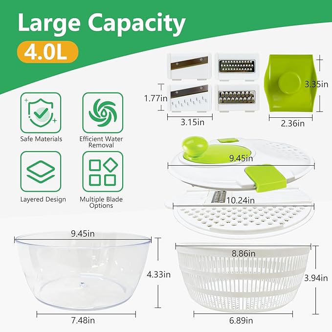 Salad Spinner Large,Vegetables Fruits Wash Bowl, Lettuce Spinner with 4 Blades Slicer,Salad Dryer for Washing