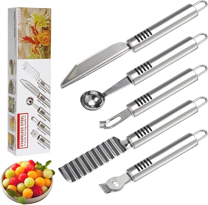 BURLIHOME Stainless Steel Fruit Carving Knife Set, 6 Pack Vegetable Engraving Blades for Kitchen, Melon Baller Scoop,Lemon Zester, Garnish Peeler,Crinkle Knife,V-shape Cutter