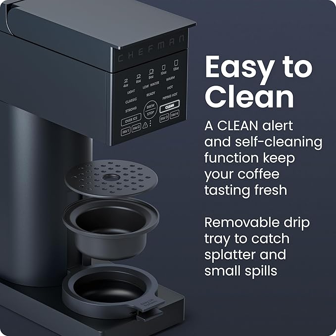 Chefman Caffeinator Single Serve Coffee Maker, Brew Kcups & Grounds, Drip Coffee Machine with Brew Strength Settings, Iced Coffee Function, 48 oz. Removable Water Reservoir