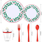 KIRE 150PCS Christmas Plates Disposable - Christmas Plates Dinnerware - White Plastic Plates With Berry And Leaves Design, Red Plastic Silverware And Cups With Red Rim For Christmas Party Supplies