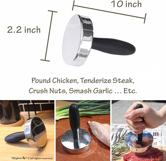Meykers Meat Pounder Tenderizer | Smash Burger Press | 1.85 lb Heavy Duty | 304 Stainless Steel | Chicken Flattener Masher Beater Kitchen Tool | Aplanadora de Carnes y Pollo | Dishwasher Safe