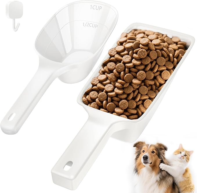 Food Scoop 2 PACK,2 Cup Capacity Dog Food Scoop With Measuring Lines For Dog, Puppy and Cat Coffee Bean Scoop, Flour Scoop (Small & Large White)