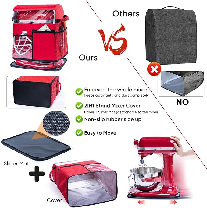 BAGSPRITE Stand Mixer Cover with Detachable Appliance Sliders Base Compatible with KitchenAid Mixer-Storage Bag for 4.5/5 Quart with Pockets for Kitchen Aid Accessories and Attachments