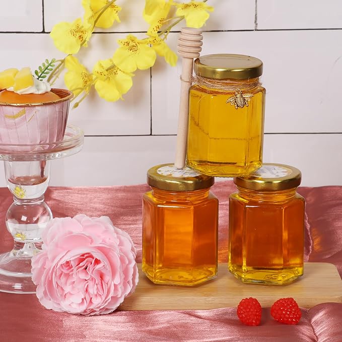BIGIVACA 4 oz Hexagon Mini Glass Honey Jars with Wood Dippers,30 Pack Small Honey Jars with Gold Lids,Bee Pendants,Jutes,35 Bee Stickers,Perfect for Baby Shower,Wedding Favors,Party Favors