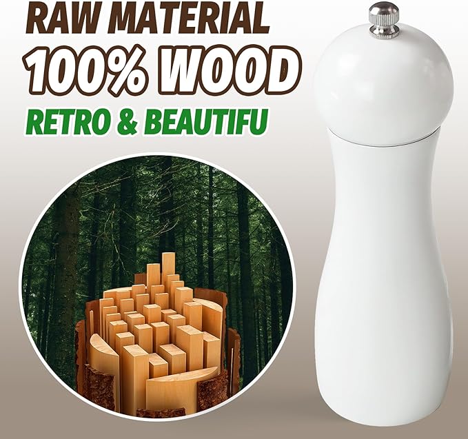 SHIKORI Manual Wooden Salt and Pepper Mills Shakers, 6.5 inch Salt and Pepper Grinders,Ceramic Rotor with Strong Adjustable Coarseness-Beige