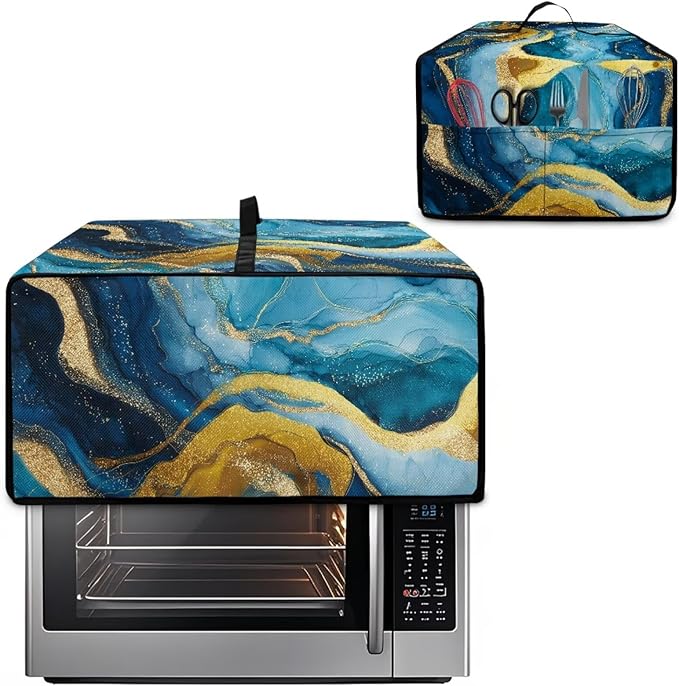 Marble Print Toaster Oven Dust Cover for Kitchen Counter, Heavy Duty Heat-resistant Microwave Oven Protective Cover Air Fryer Covers, Blue & Gold (Medium-16.1 * 19.71 * 10 inches)