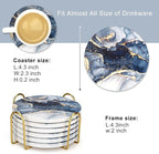 Coasters Set of 6, Navy Blue Marble Abstract Round Ceramic Coasters with Holder, Best Absorbent Drink Coaster Set, Coffee Table Decor for Home Decor House Warming Gifts New Home