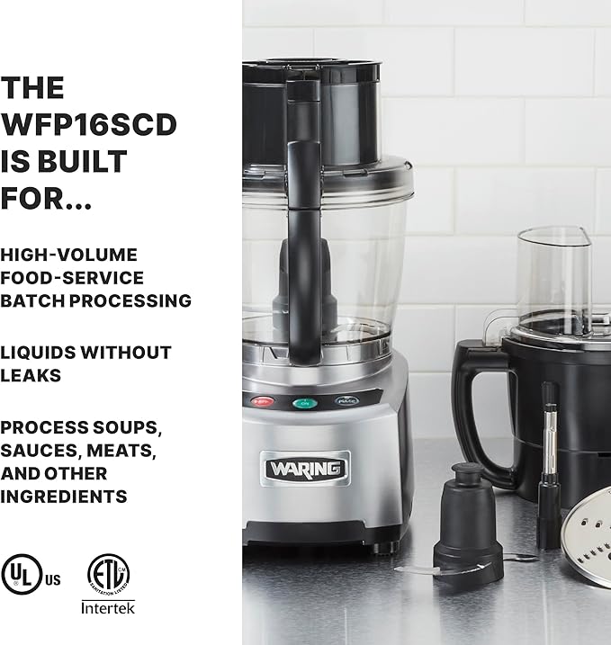 Waring Commercial WFP16SCD 4 Quart Continuous Feed Food Processor, 2 HP Motor, Extra Large Feed Tube, Patented LiquiLock Seal Bowl System, Includes 4 Quart Clear Cutter/Mixer Bowl, Dicing, Shredding, Slicing, Whipping Disc and a Standard S blade for Ch...