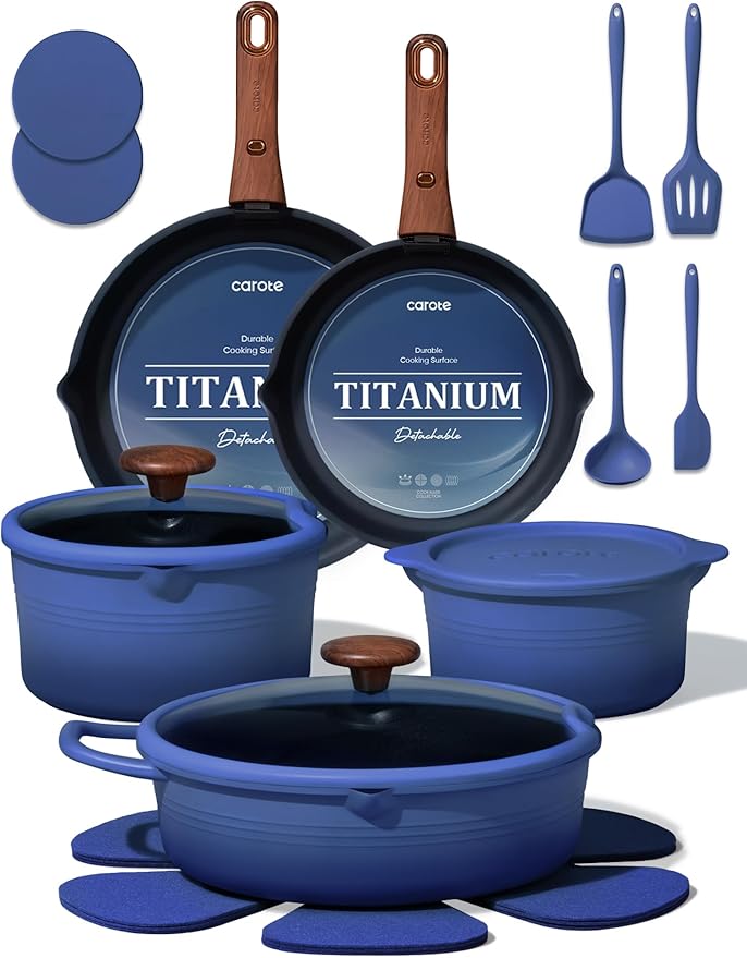 CAROTE 20Pcs Titanium Cookware Set, Pots and Pans Set Non Stick, Kitchen Cooking Set with Detachable Handle, Non Toxic Induction Cookware - Camping Cookware, Dishwasher/Oven Safe, Blue