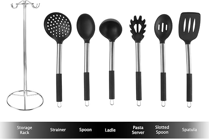 7-Piece Cooking Utensils Set - Stainless-Steel and Silicone Kitchen Tools and Holder - Heat Resistant and Nonstick Set by Classic Cuisine (Silver)