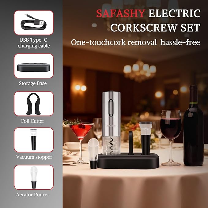 5 IN 1 Rechargeable Electric Wine Opener, Stainless Steel Automatic Bottle Corkscrew with Foil Cutter, Vacuum Stopper, Wine Pourer, One Touch Bottle Winer Gift Set for Christmas, Party