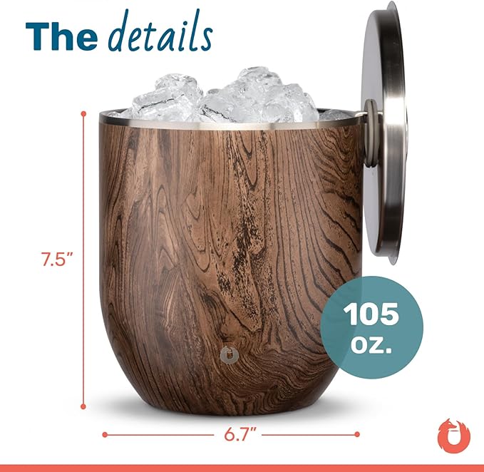 Snowfox Plus - Insulated Ice Bucket with Lid/Scoop, Premium Vacuum Insulated Stainless Steel Ice Buckets for Parties, Ice Box, Home Bar Accessories, Parties Supplies, Bar Decor, 3L, Dark Walnut