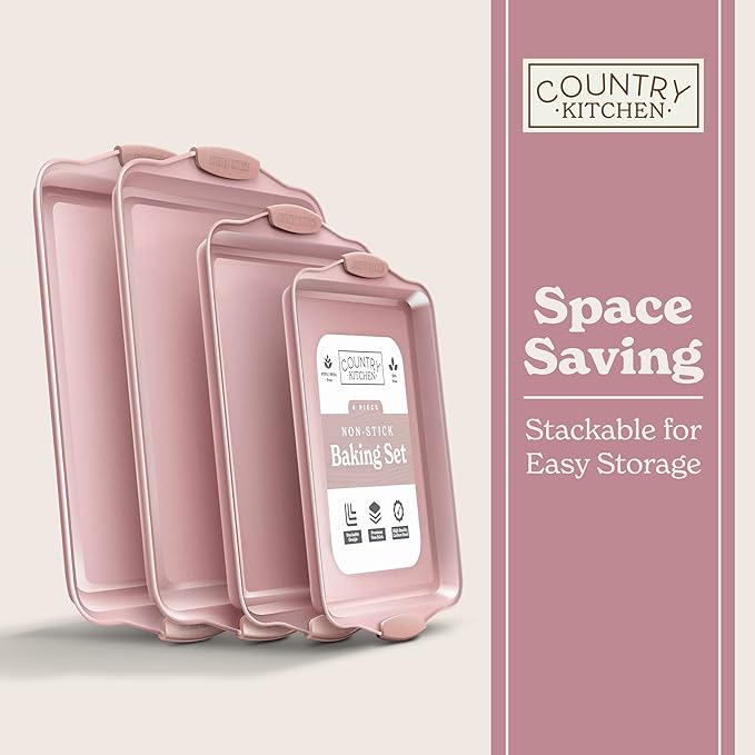 Country Kitchen Nonstick Stackable Bakeware Set - Heavy Duty, Durable, Easy Release Baking Set, Pink, 4 Pcs