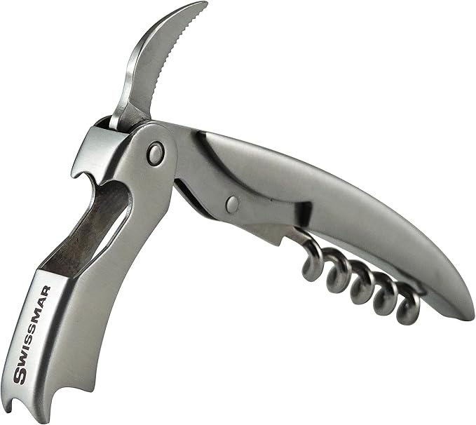 Swissmar 1-Step Corkscrew – Stainless Steel Waiter’s Corkscrew with Serrated Foil Cutter – Easy Cork Removal Tool for Wine Bottles – Dual Bottle Openers – Works on Natural & Synthetic Corks