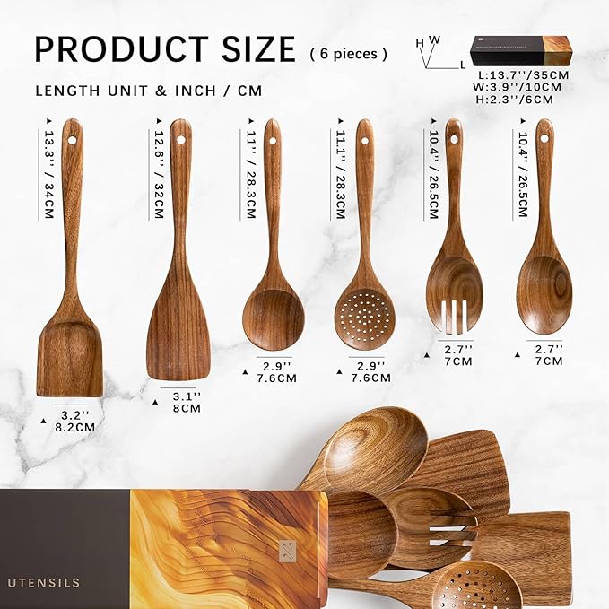 Wooden Spoons for Cooking, Nonstick Cooking Utensil Set with 6 Piece Acacia Wooden Spatulas and Spoons for Cooking, Terrific for Everyday Kitchen Tasks