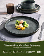 Famiware Star 24-Piece Plates and Bowls Set with Trim, Service for 8 - Stoneware Reactive Glaze Dinnerware, High Edge Ribbed Dishes, Chip & Scratch Resistant, Microwave & Dishwasher Safe, Deep Forest