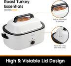 Sunvivi 26-Quart Roaster Oven, Electric Roaster Oven with Viewing Lid, Sunvivi Turkey Roaster with Unique Defrost/Warm Function, Large Roaster with with Removable Pan & Rack, Stainless Steel, White